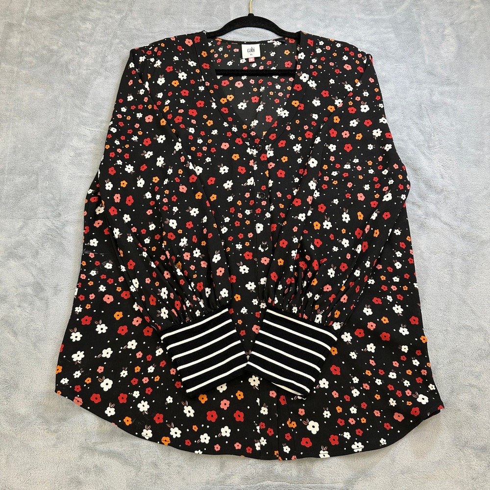 Cabi 3957 Floral V-Neck Button Down Blouse Black Red XL Striped Cuffs